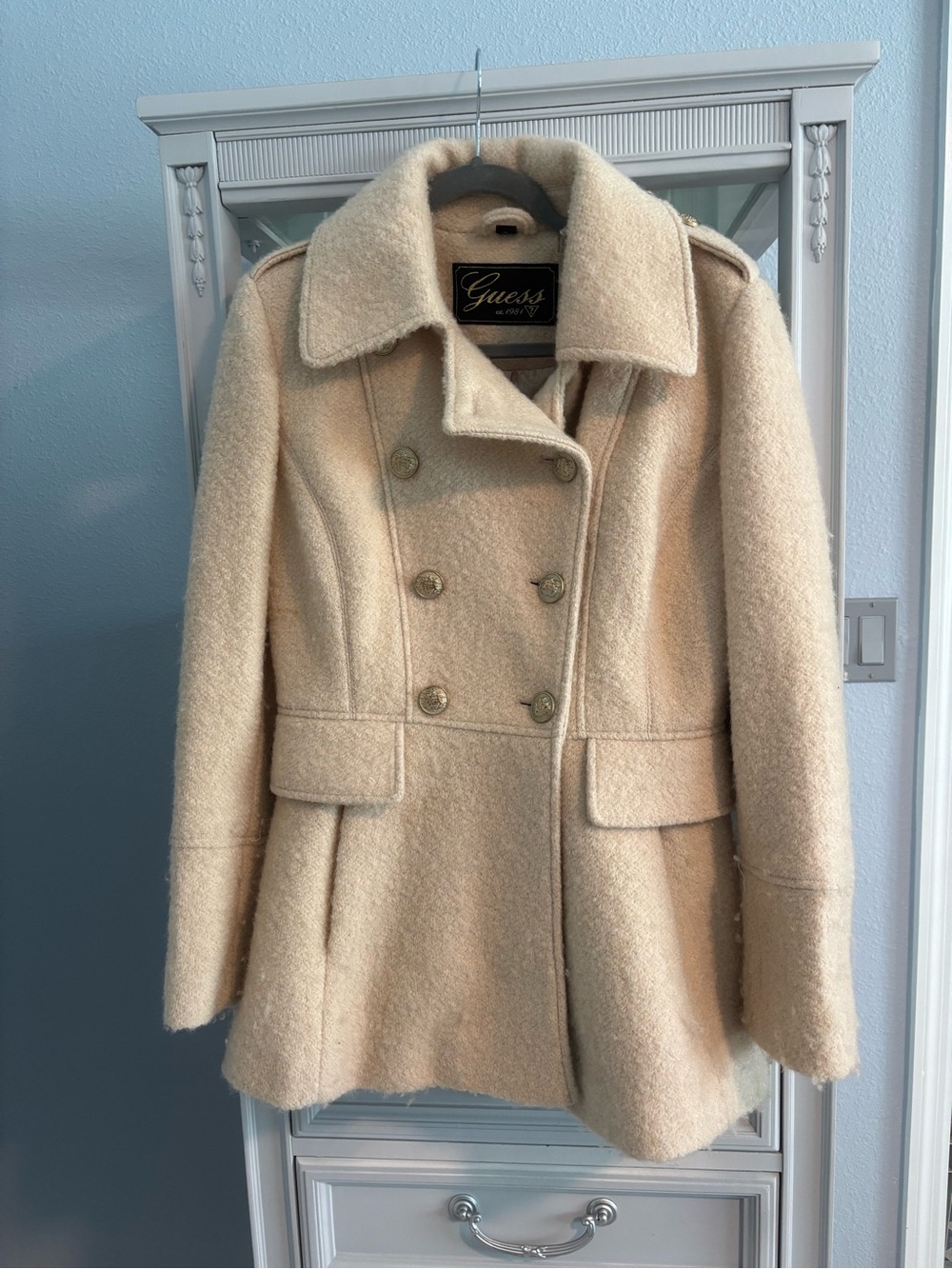 Guess Cream Double-Breasted Wool-Blend Peacoat